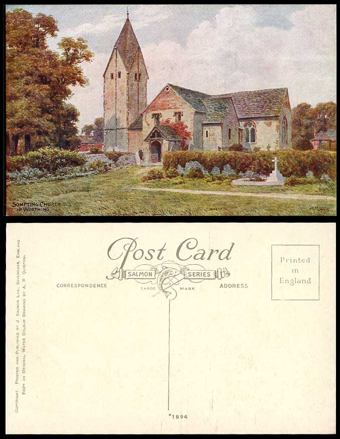 A.R. Quinton Artist Signed Old Postcard Sompting Church Worthing Churchyard ARQ