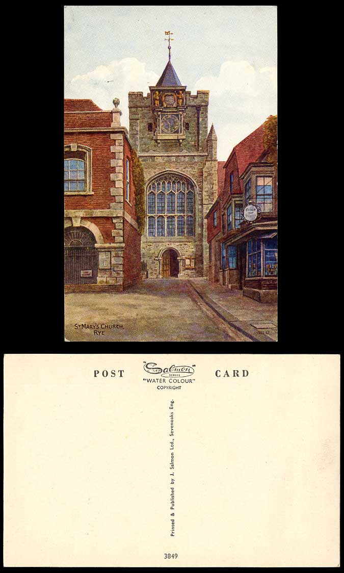 A.R. Quinton Artist Signed RYE St Mary's Church Clock Tower ARQ Old ART Postcard
