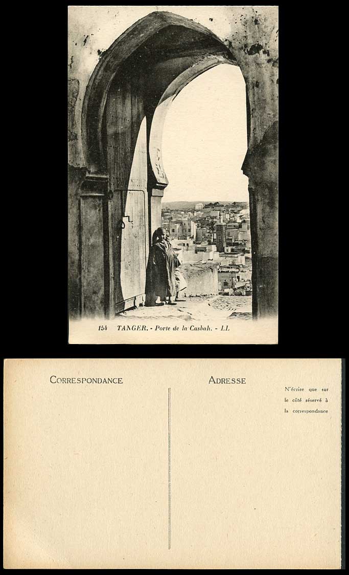 Morocco Old Postcard TANGER Porte de la Casbah Gate Door Child Boy Girl L.L. 154