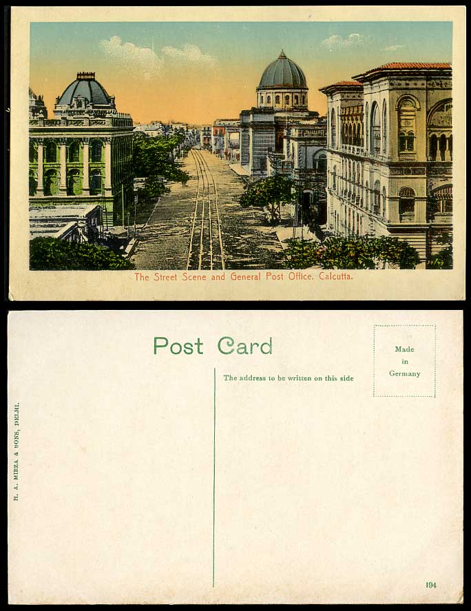 India Old Colour Postcard Street Scene & General Post Office Calcutta, Tramlines
