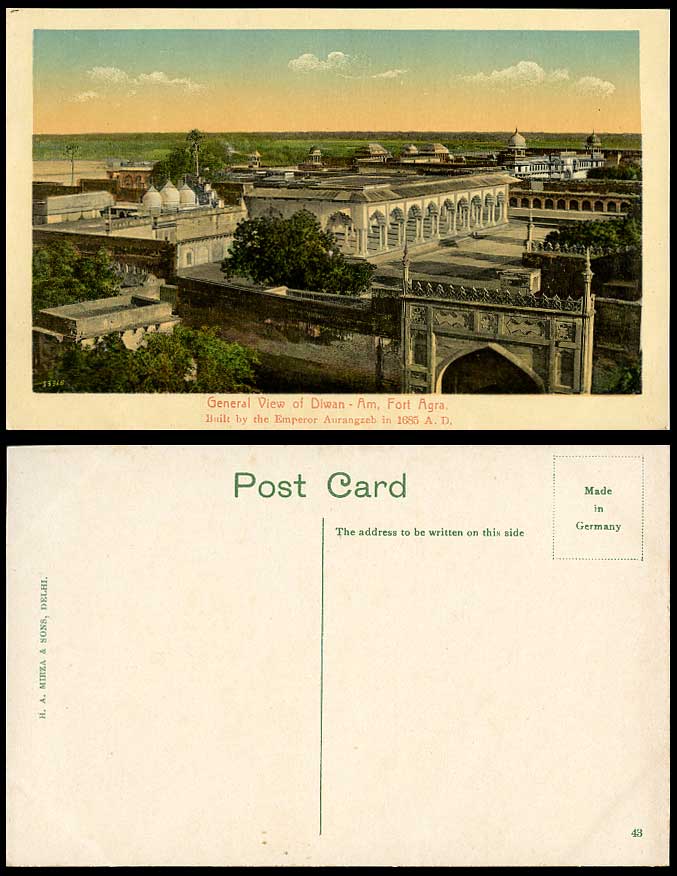 India Old Postcard FORT AGRA General View of Diwan-i-Am by Aurangzeb 1685 A.D.