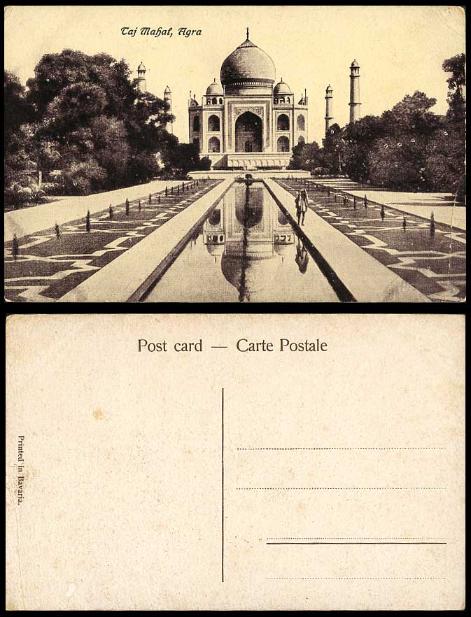 India Old Postcard TAJ MAHAL, AGRA, A Native Walking Along The Fountain, Gardens