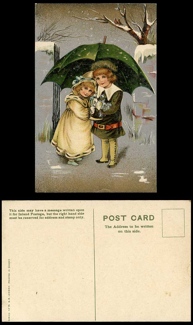 Children Little Girl Boy Sharing Umbrella, Winter Snow Artist Drawn Old Postcard