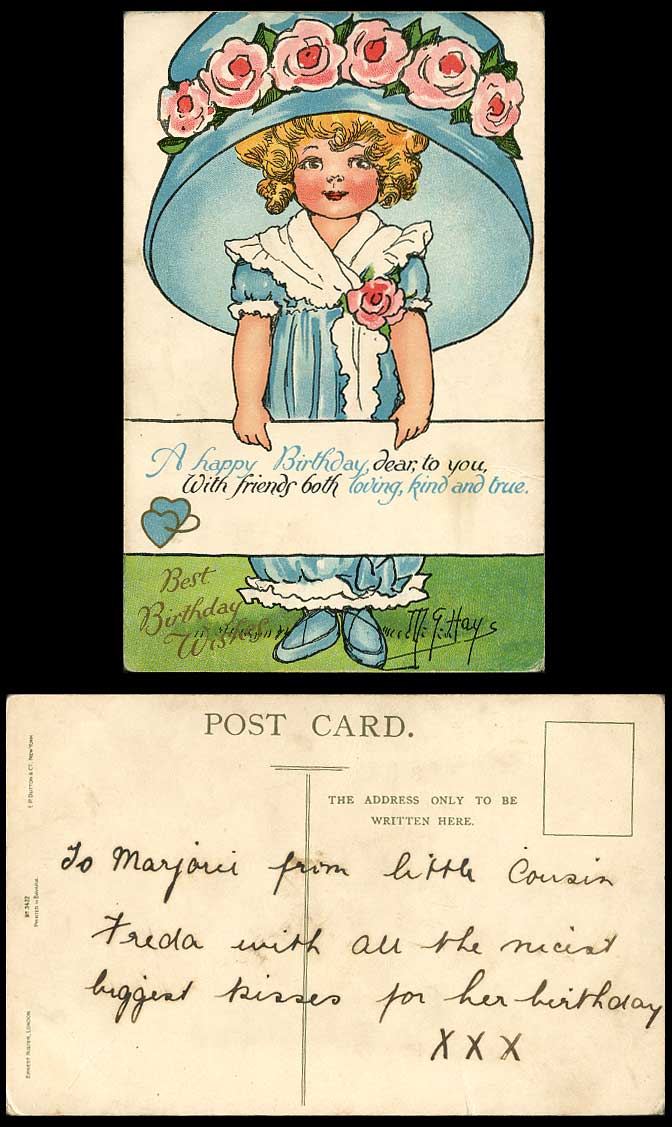 MG Hays Old Postcard Little Girl wear Big Hat Fashion Happy Birthday Dear To You