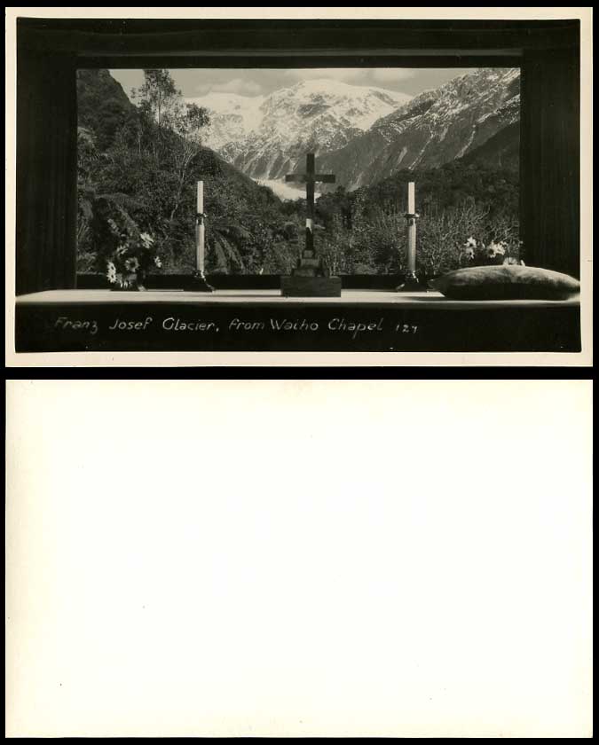 New Zealand Old RP Postcard Franz Josef Glacier from Waiho Chapel Cross Mountain
