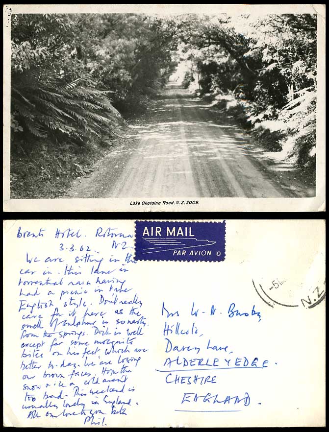 New Zealand 1962 Old Real Photo Postcard Lake Okataina Road, Airmail Label to UK