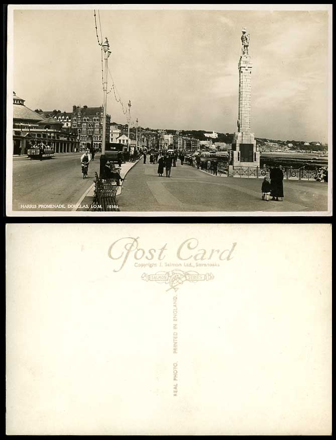 Isle of Man Old Postcard Harris Promenade Douglas Tram 39 Cyclist Soldier Statue