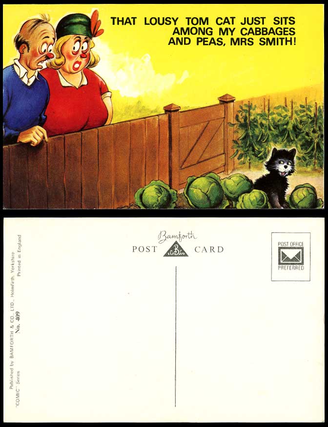 Comic That Lousy Tomb Cat sits among my cabbages and peas Mrs Smith Old Postcard