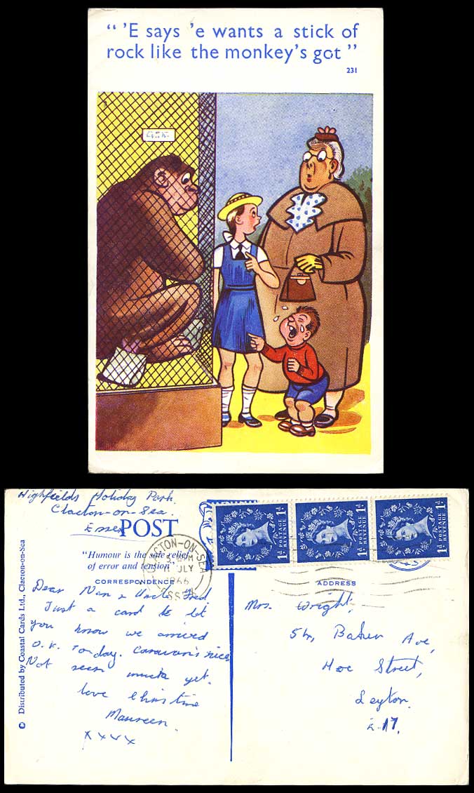 Orangutan Ape 1966 Old Postcard E says e wants a stick of rock like monkey's Got