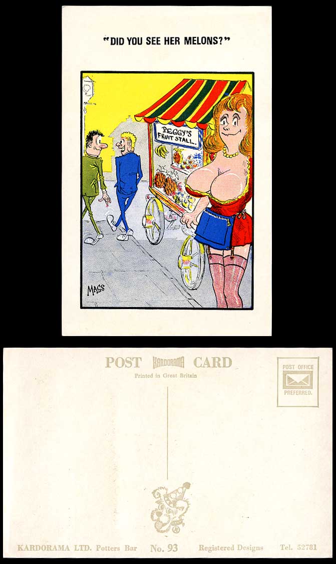 MAGS Saucy Comic Humour Did You See Her Melons? Peggy's Fruit Stall Old Postcard