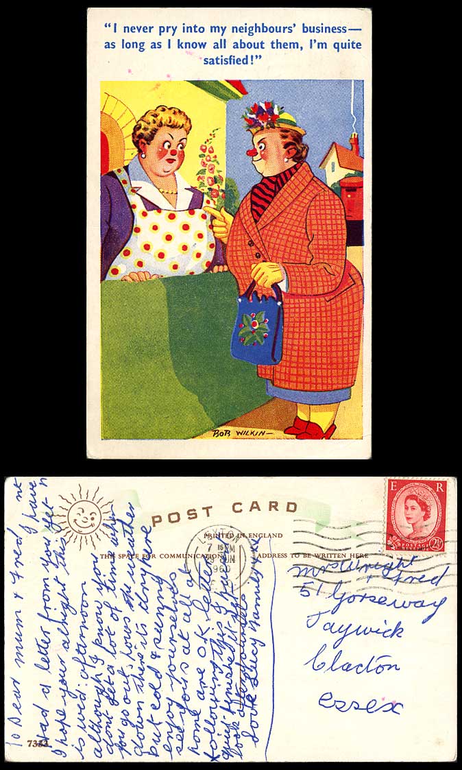 BOB WILKIN 1960 Old Postcard Fat Lady Woman, Never Pry Into Neighbours' Business