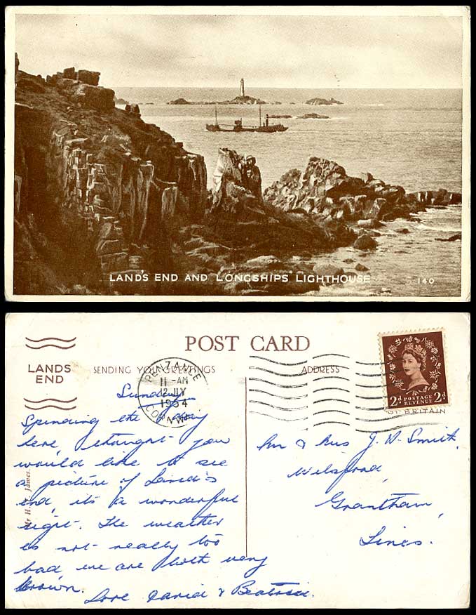 LAND'S END Longship Lighthouse Rocks Coast Cornwall 1954 Old Postcard H.T. James