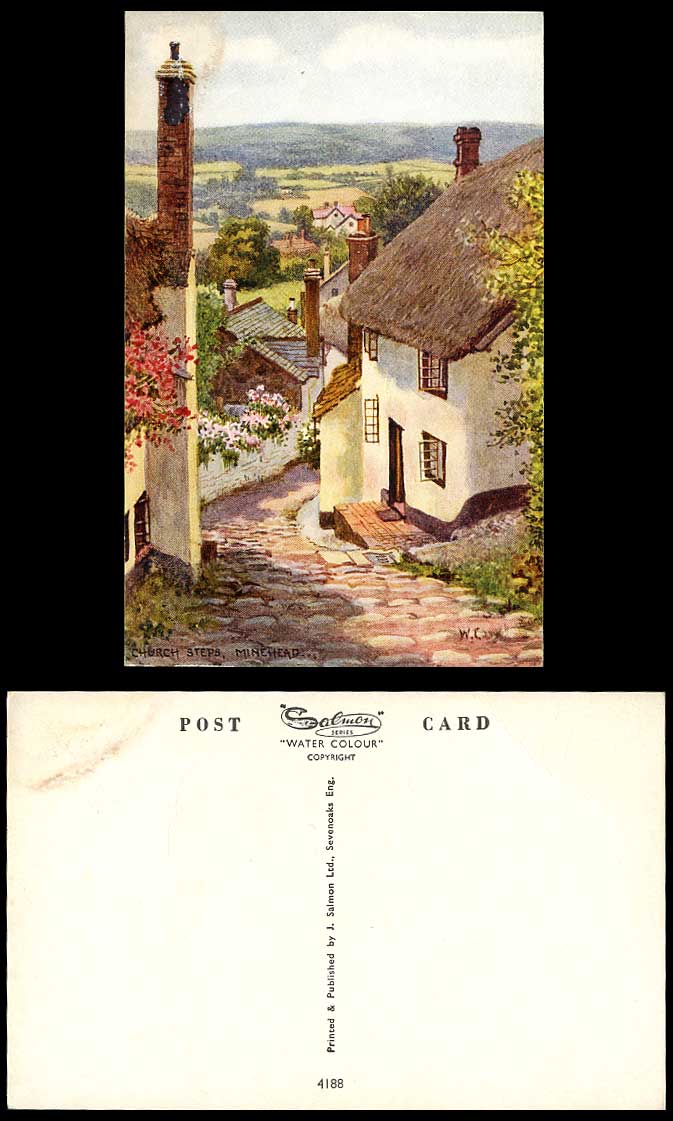 Minehead Church Steps, Street Scene Thatched Cottages, Somerset Old ART Postcard