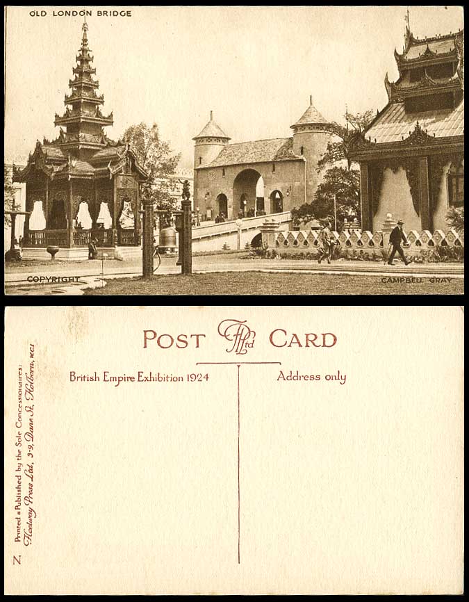Old London Bridge British Empire Exhibition 1924 Old Postcard Burmese Kiosk Bell