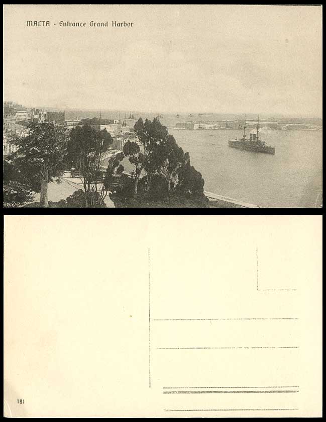 Malta Old Postcard Entrance Grand Harbour Panorama, A Military Vessel Battleship