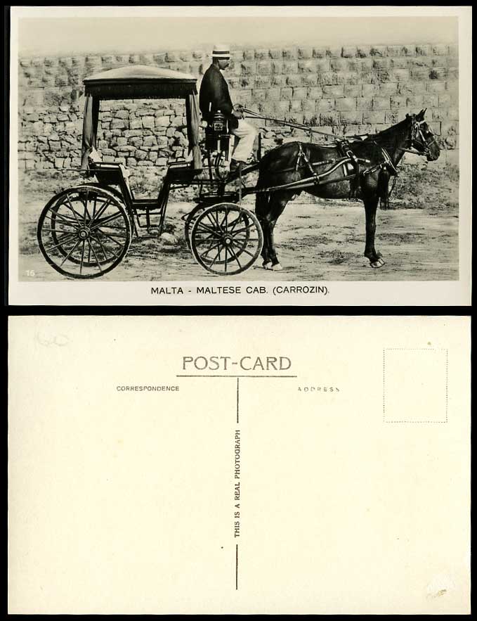 Malta Old Real Photo Postcard Maltese Cab Carrozzin Horse Carriage Cart & Driver