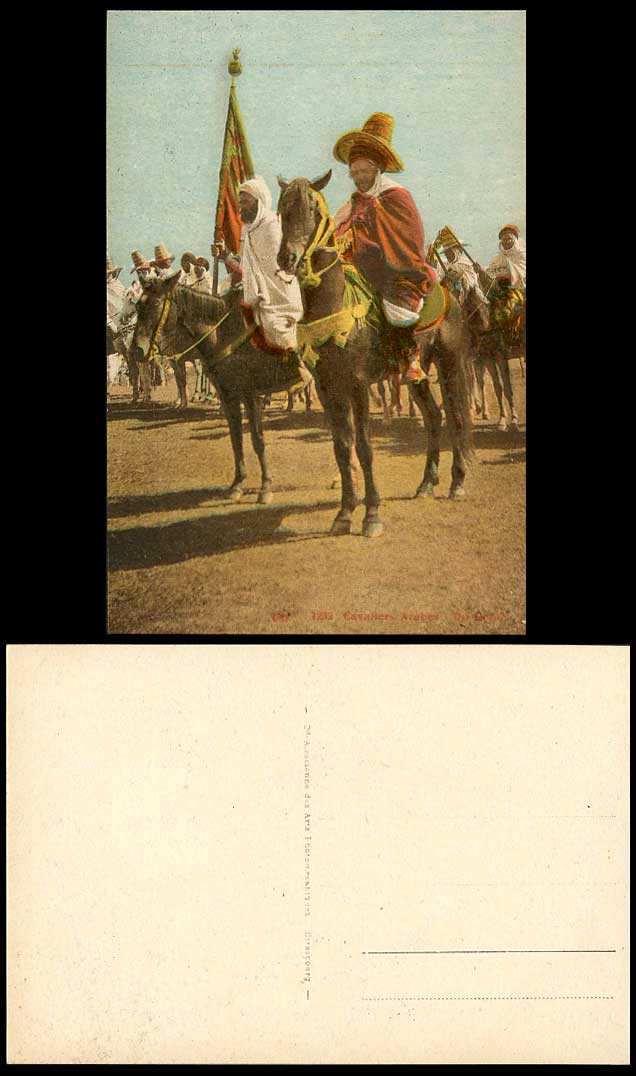 Arab Horsemen Native Arabe Men Horses Flag Cavaliers Arabes, Africa Old Postcard