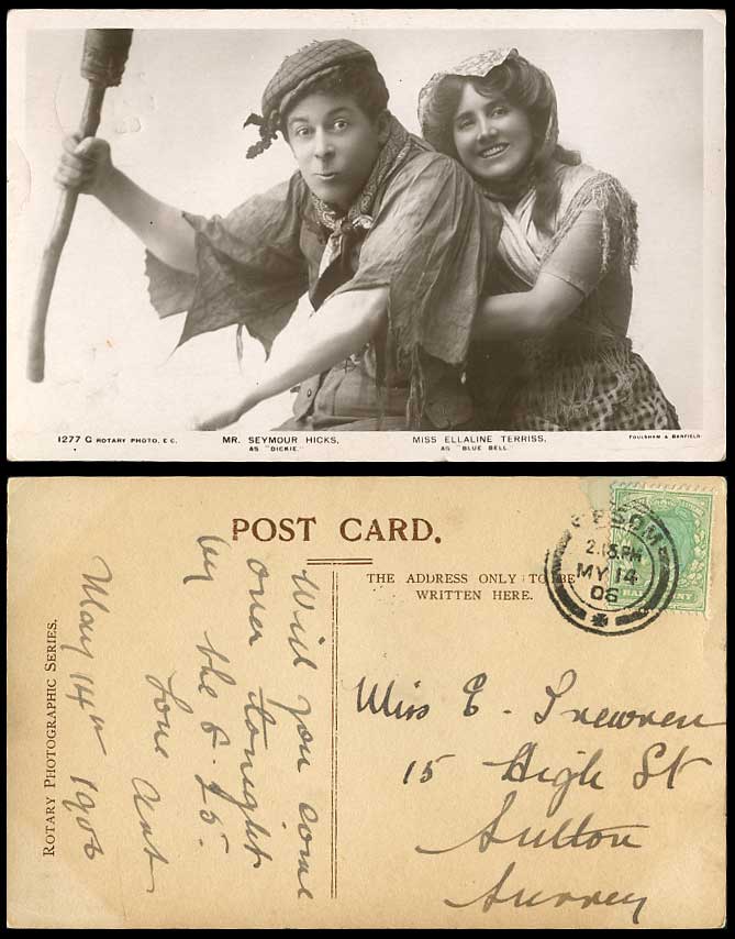 Actor Seymour Hicks Dickie, Actress Ellaline Terriss Blue Bell 1906 Old Postcard