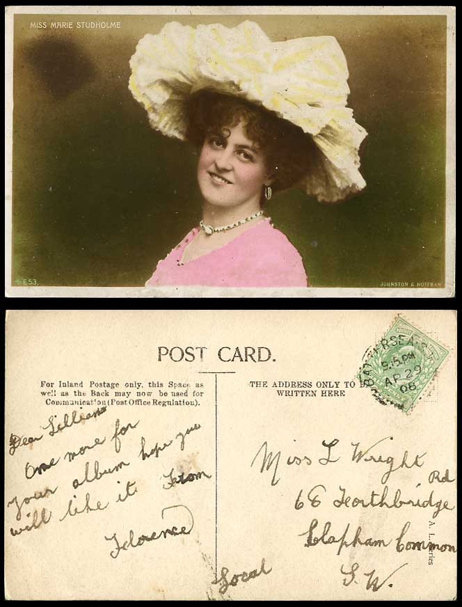 Edwardian British Actress Miss MARIE STUDHOLME 1908 Old Handcoloured RP Postcard