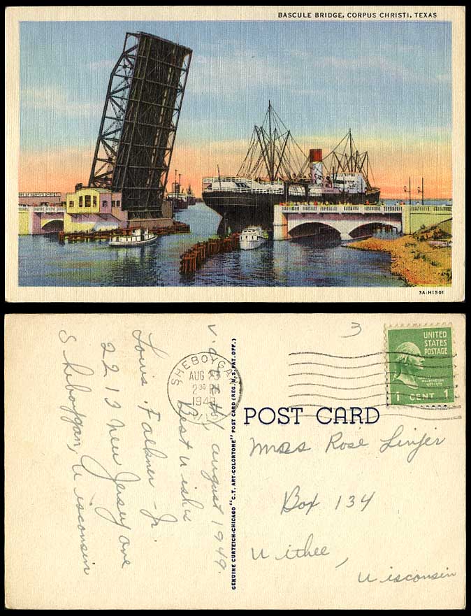 USA 1949 Old Postcard Bascule Bridge, Corpus Christi, Texas, Steamer, Steam Ship