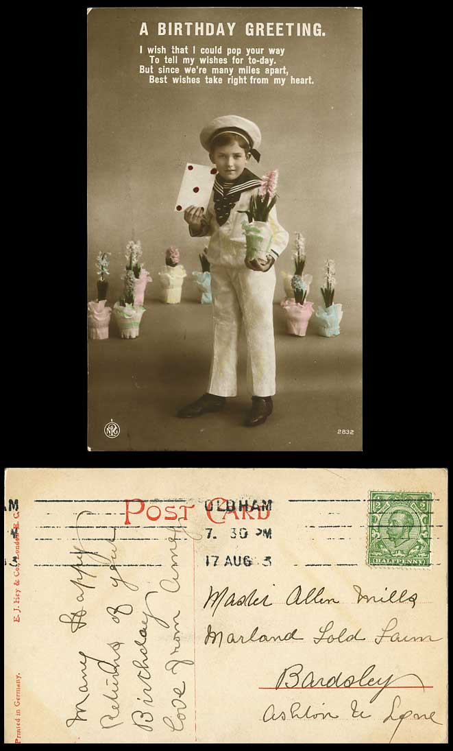 Little Boy with Letter Seaman Flowers Pots A Birthday Greeting 1913 Old Postcard