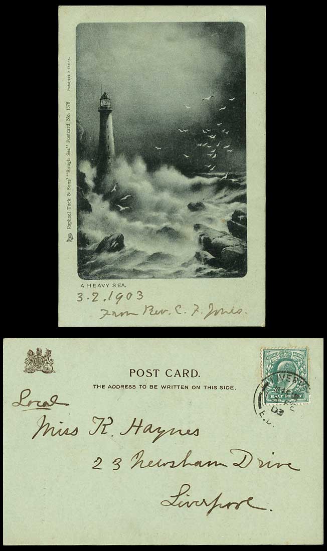 Lighthouse Tuck's ROUGH SEA No. 1378 Rocks Birds Seagulls 1903 Old U.B. Postcard