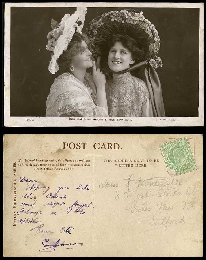 Actress Miss ZENA DARE & Marie Studholme, Actresses Hats Old Real Photo Postcard