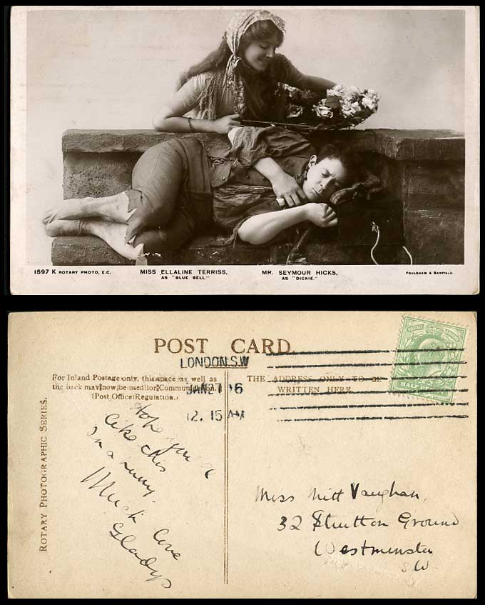 Actress ELLALINE TERRISS Blue Bell, Actor Seymour Hicks Dickie 1906 Old Postcard