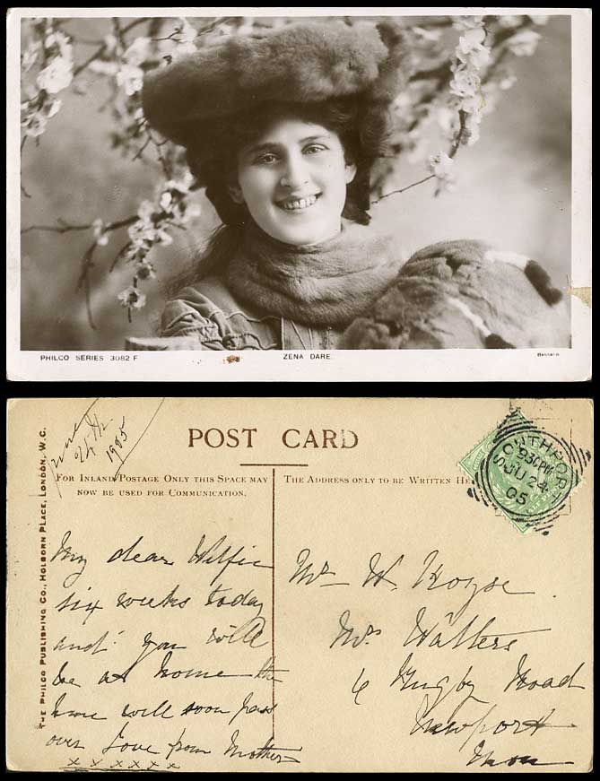 Actress Miss ZENA DARE Smile, Fur Scarf Hat Flowers 1905 Old Real Photo Postcard