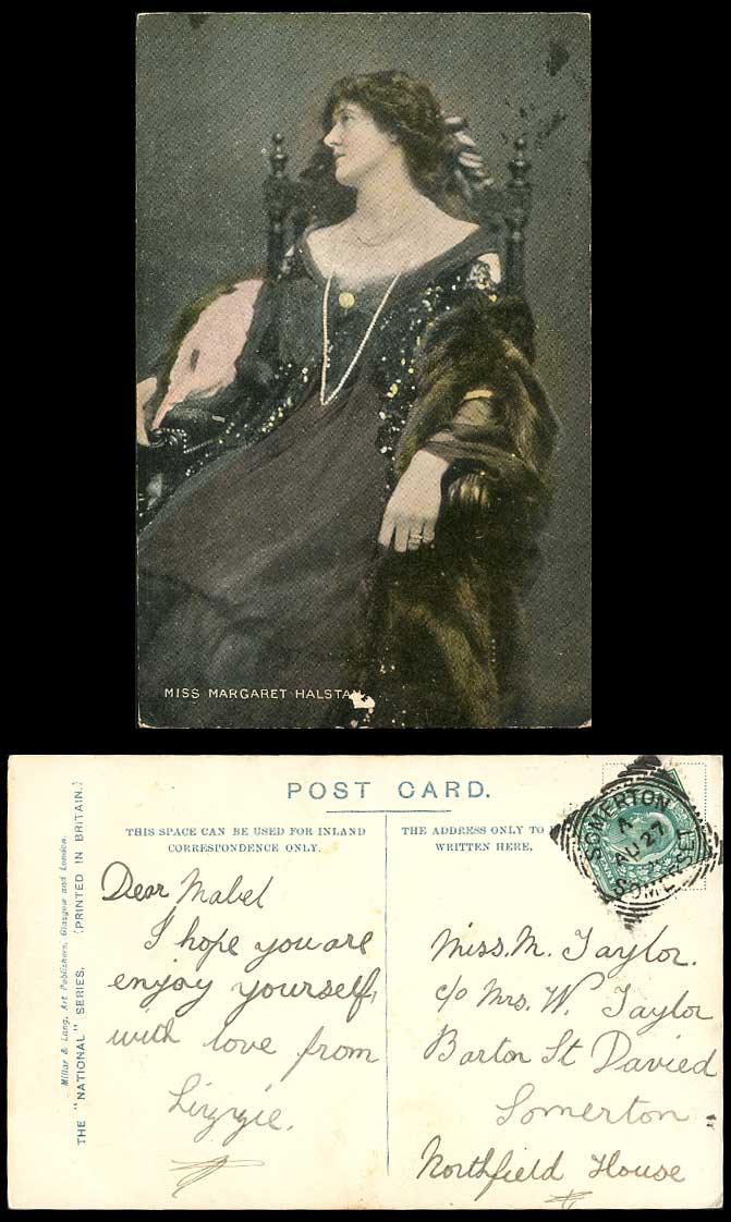 Edwardian Actress Miss MARGARET HALSTAN Fur & Necklace 1904 Old Colour Postcard
