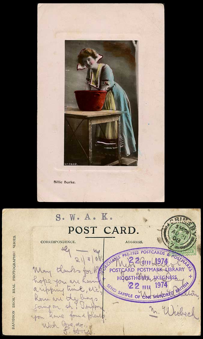 Edwardian Actress Miss Billy Burke Billie Burke Hands in Basin 1908 Old Postcard