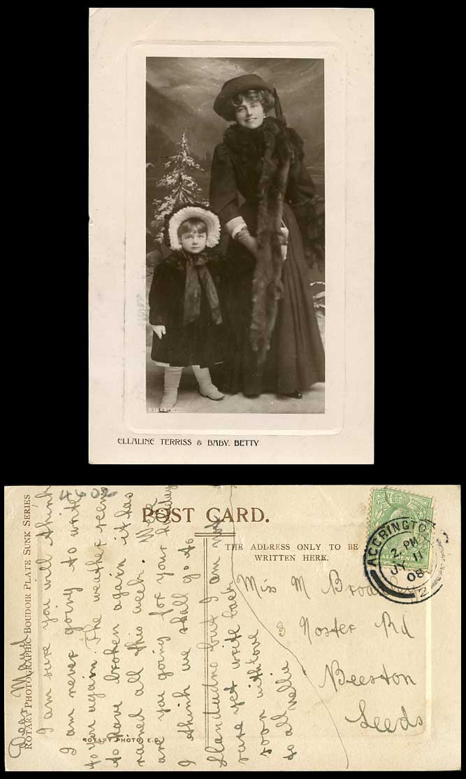 Actress ELLALINE TERRISS and Little Baby Girl BETTY 1908 Old Real Photo Postcard