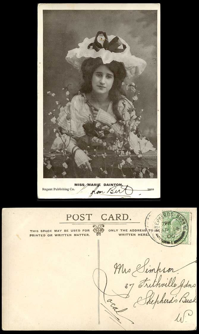 Edwardian Actress MISS MARIE DAINTON, Hat Flowers Old Postcard Regent Publishing