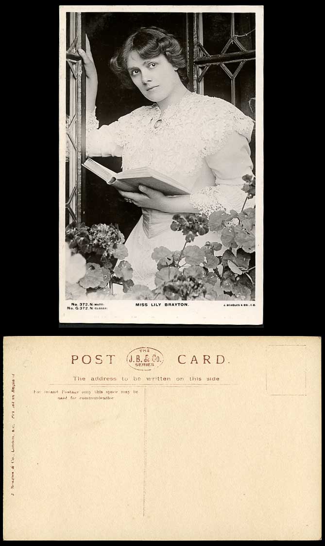 Edwardian Actress MISS LILY BRAYTON with Book by Window Old Real Photo Postcard