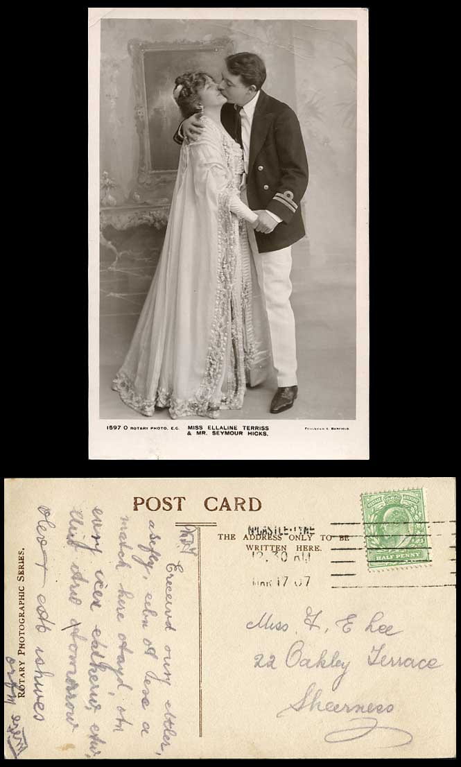 Actress ELLALINE TERRISS & Actor Seymour Hicks Kissing Kiss 1907 Old RP Postcard