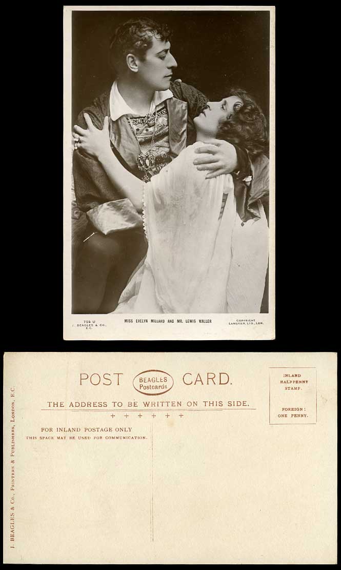 Actor Lewis Waller & Actress Miss Evelyn Millard Hugging Old Real Photo Postcard