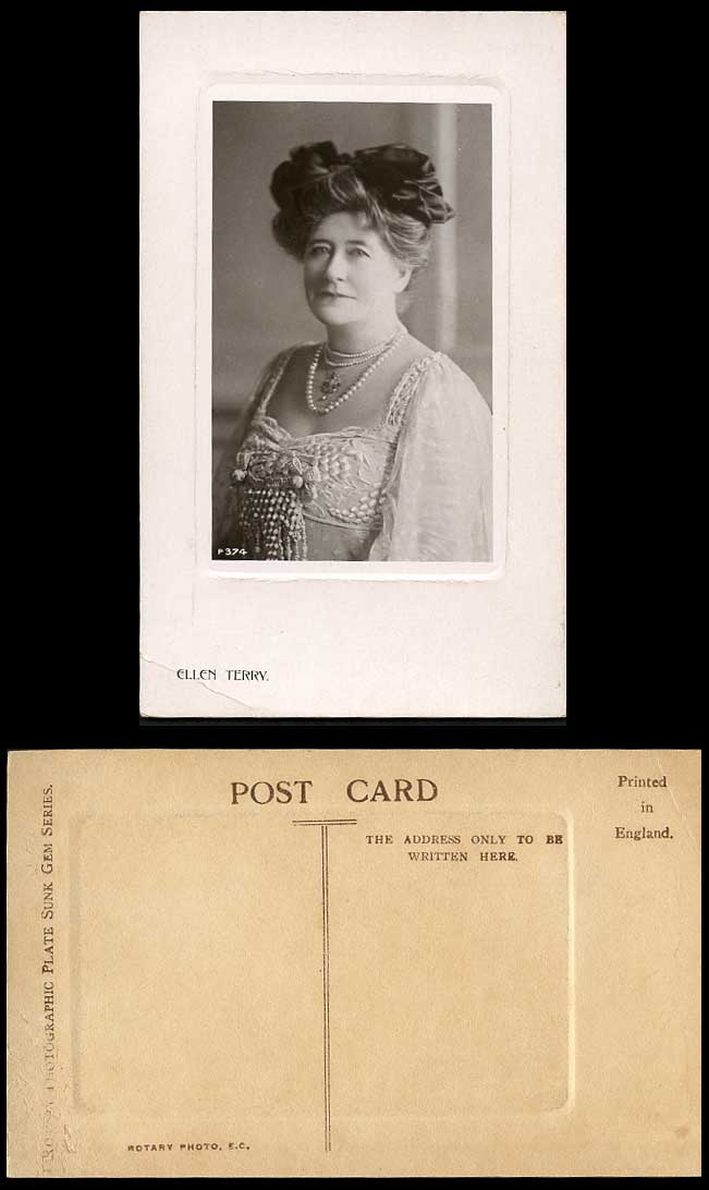 Actress Miss ELLEN TERRY, Pearl Necklace Old Real Photo Embossed Postcard Rotary