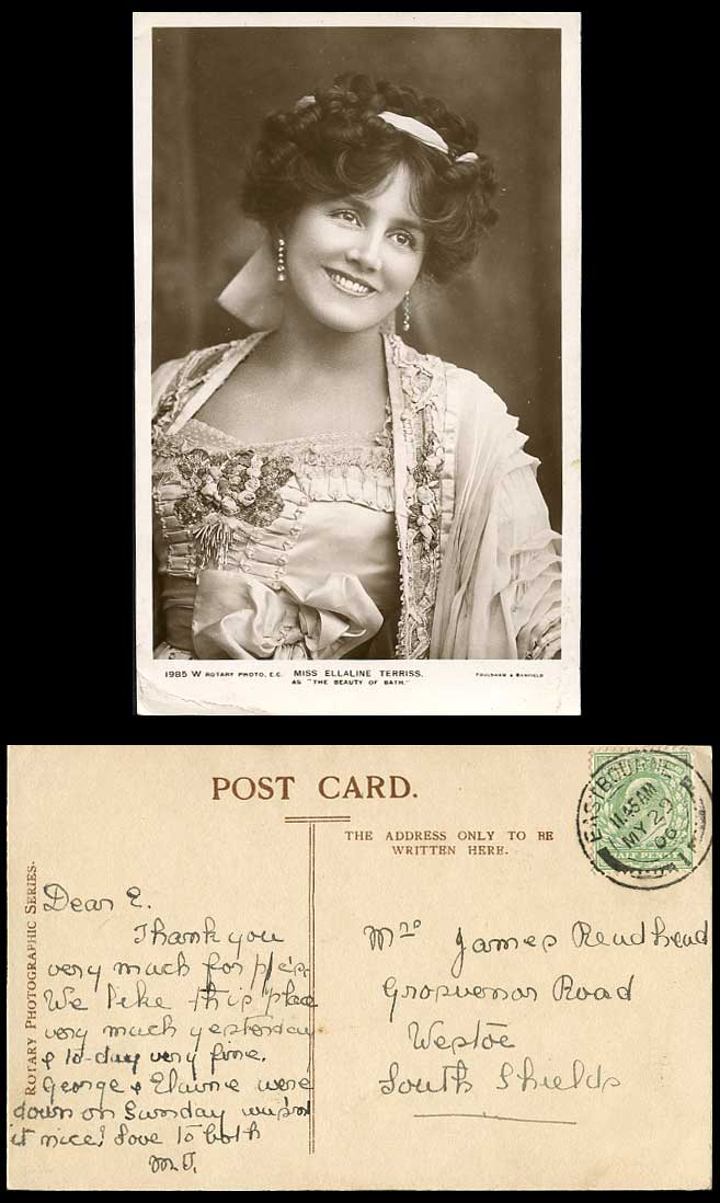 Actress Miss ELLALINE TERRISS as The Beauty of Bath 1907 Old Real Photo Postcard