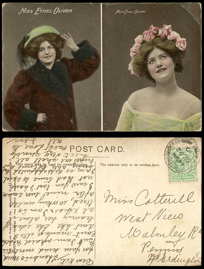 Actress Miss ETHEL OLIVER Flowers Hat 1910 Old Colour Postcard Philco Publishing