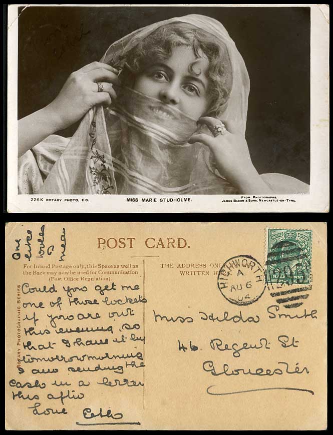 Actress Miss Marie Studholme with Silk Veil 1904 Old Real Photo Postcard Rotary