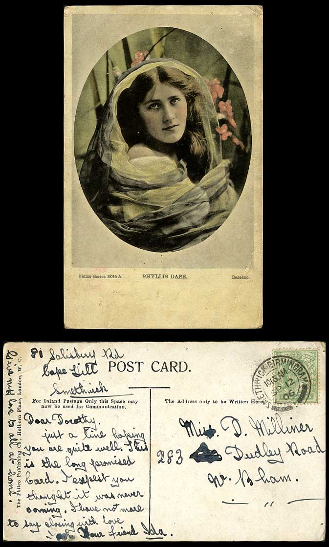 British Actress Miss PHYLLIS DARE Portrait 1906 Old Postcard Philco Series 2014A