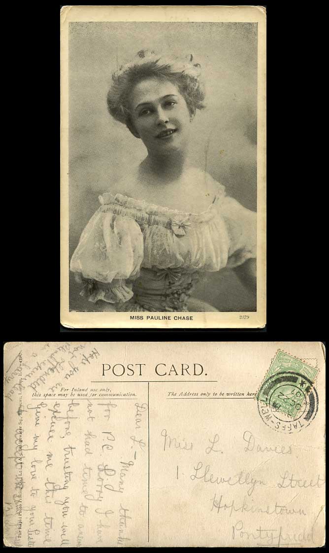Edwardian Actress Miss PAULINE CHASE 1907 Old Real Photo Postcard Rapid Photo Co
