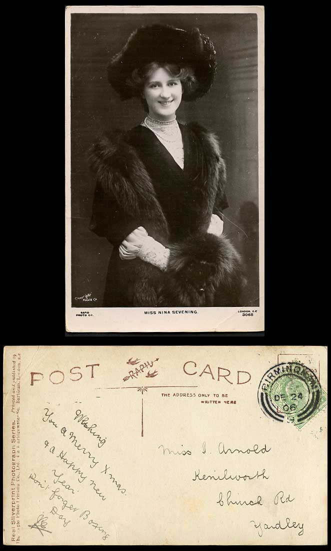 Edwardian Actress Miss NINA SEVENING Fur & Necklace 1906 Old Real Photo Postcard