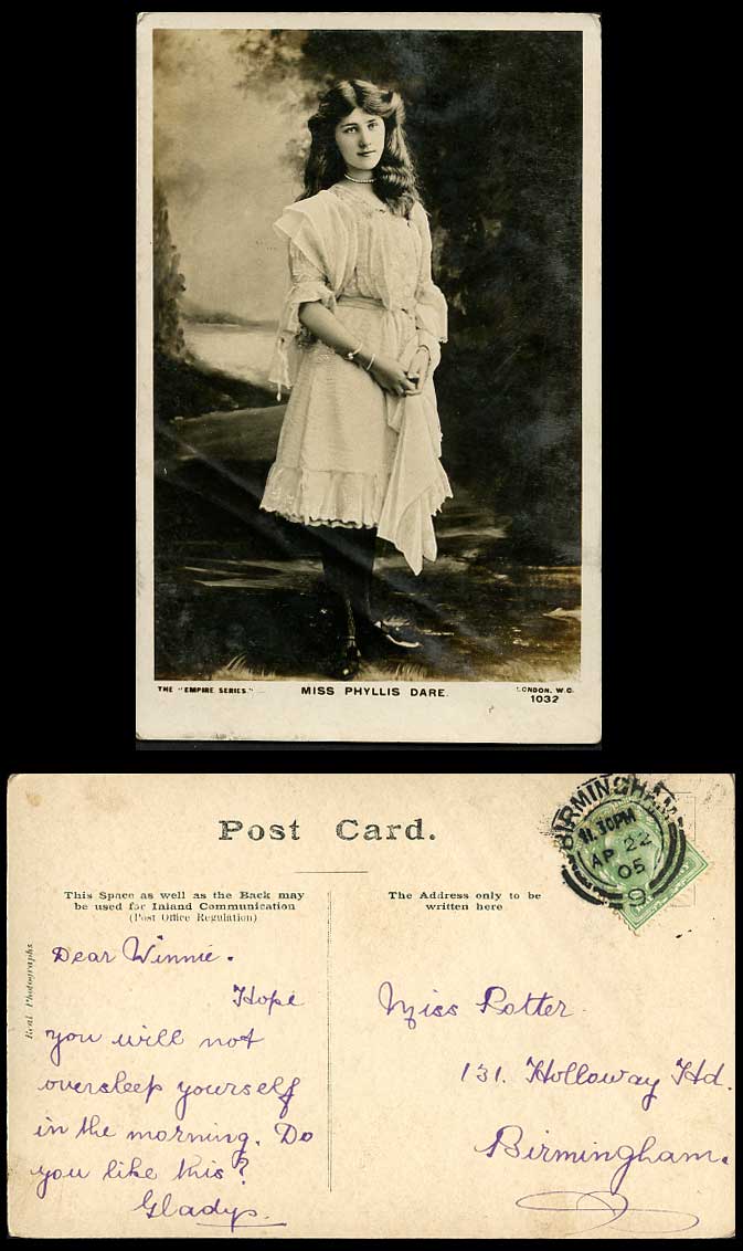 Actress Miss PHYLLIS DARE Necklace Bracelets 1905 Old Real Photo Postcard Empire