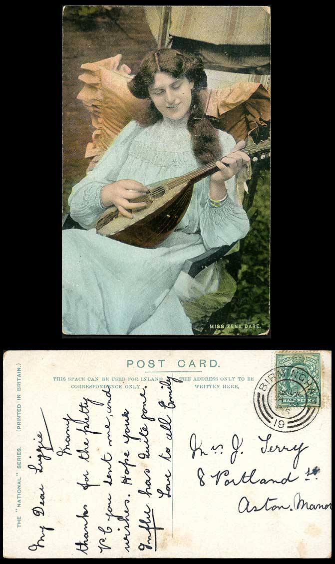 Actresses Miss ZENA DARE Playing Mandolin, Musical Instrument 1905 Old Postcard