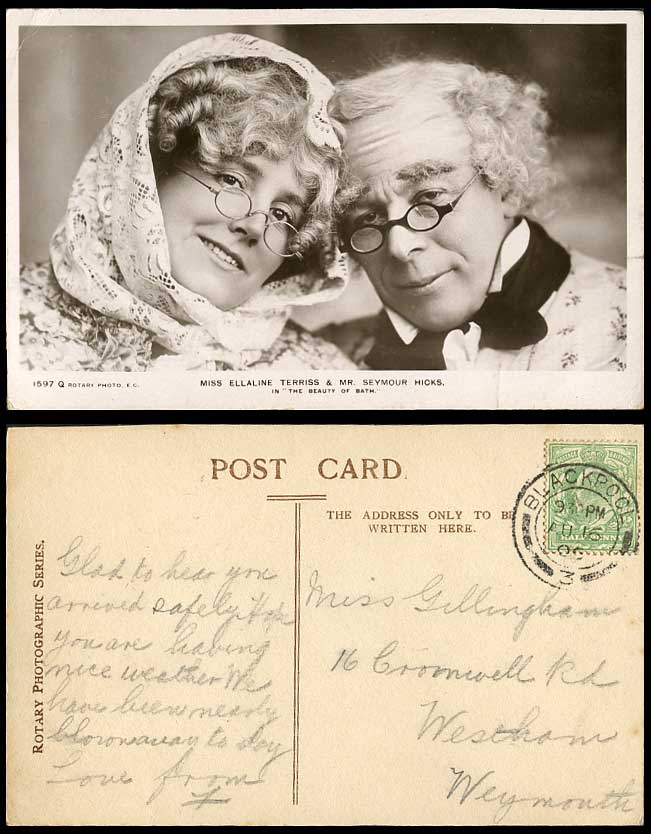 Actor Seymour Hicks & Actress Ellaline Terriss, Beauty of Bath 1906 Old Postcard