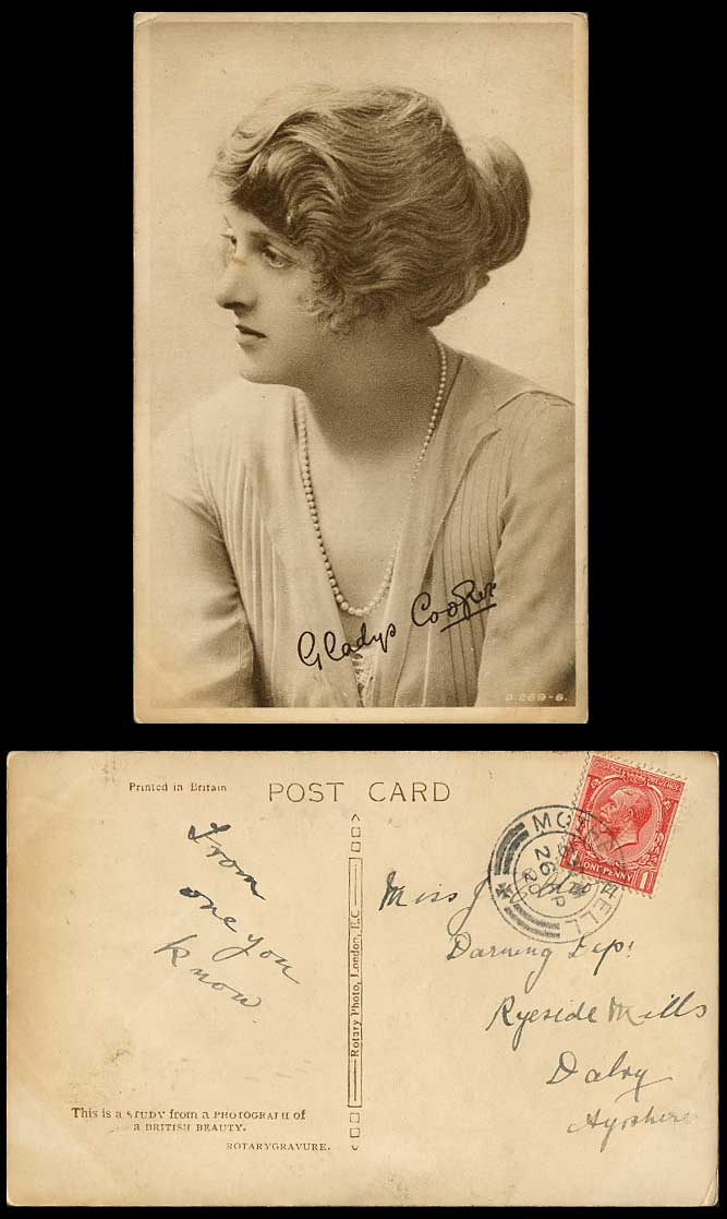 Actress Miss GLADYS COOPER Signed Signature Pearl Necklace 1d. 1920 Old Postcard