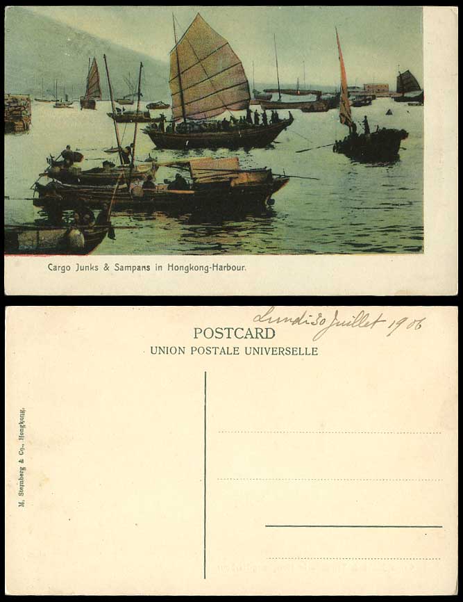 Hong Kong China 1906 Old Postcard Cargo Junks & Sampans in Harbour Sailing Boats