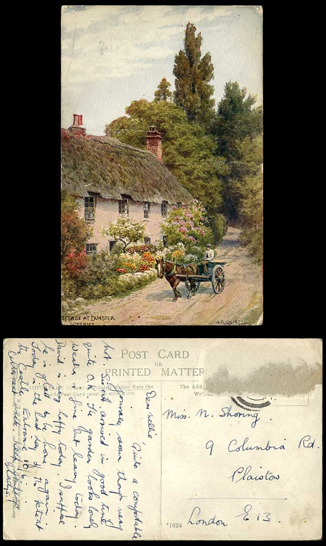 A.R. Quinton, Thatched Cottage at Dunster Somerset, Horse Cart Old Postcard 1624
