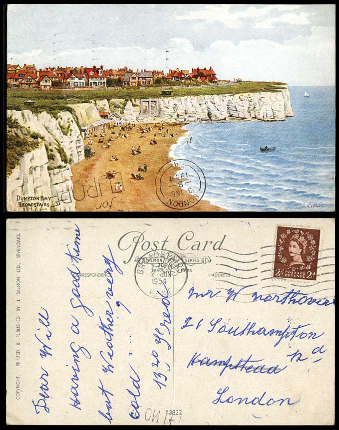 A.R Quinton ARQ Dumpton Bay Cliffs Beach Broadstairs Kent 1954 Old Postcard 3822